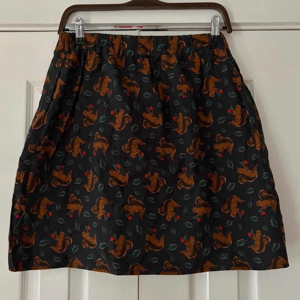 Boden Black Mini Skirt with Brown Squirrel Print